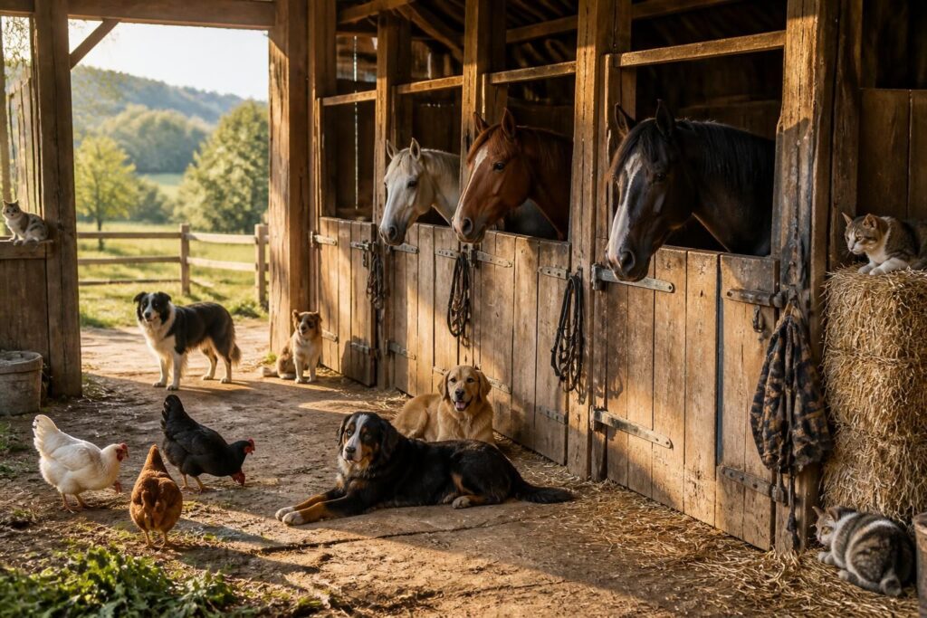 découvrez le quotidien d'une écurie animée par la présence des chevaux, chiens, chats et poules, et plongez dans leur vie harmonieuse au fil des saisons.