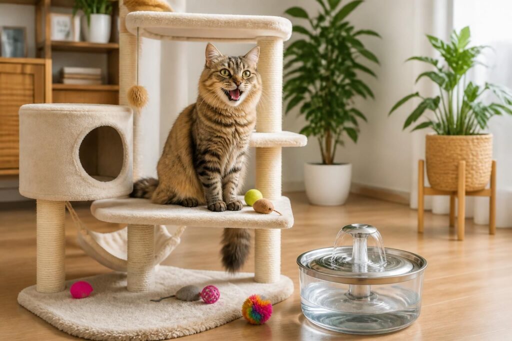 découvrez comment rendre votre chat d'intérieur heureux grâce à un arbre à chat, des jeux stimulants et une fontaine à eau pour son bien-être au quotidien.