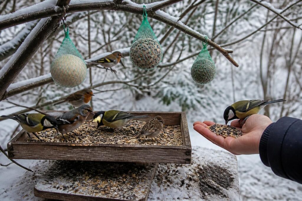 Nourrir les oiseaux en hiver : graines, boules de graisse et erreurs à éviter