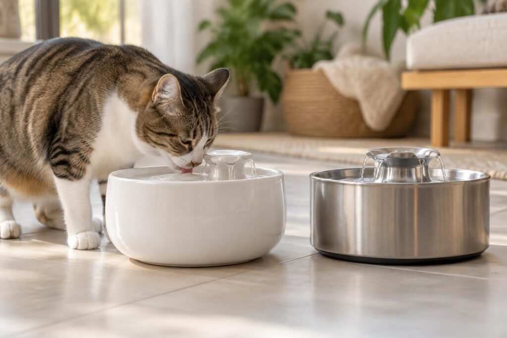 Fontaine à eau chat : modèles en céramique et inox pour hydrater votre animal